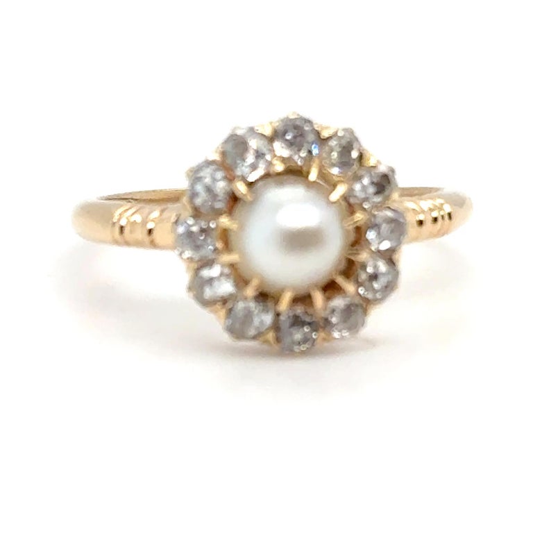 Bague Ancienne Or 18k Jaune Et Blanc - Perle Et Diamants, Taille 46, Occasion