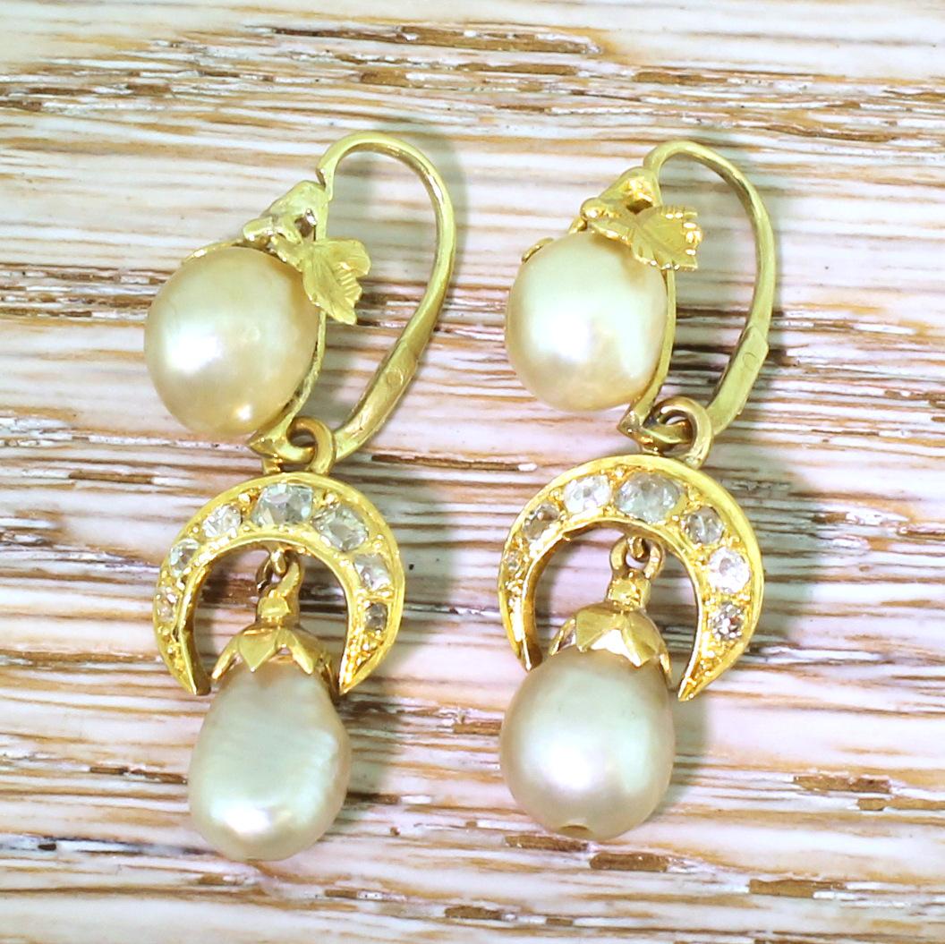 Victorian Natural Pearl and Old Cut Diamond Gold Drop Earrings In Good Condition In Essex, GB