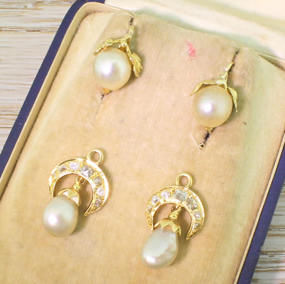 Women's Victorian Natural Pearl and Old Cut Diamond Gold Drop Earrings
