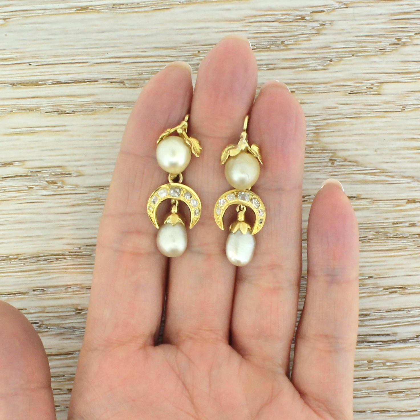 Victorian Natural Pearl and Old Cut Diamond Gold Drop Earrings 2