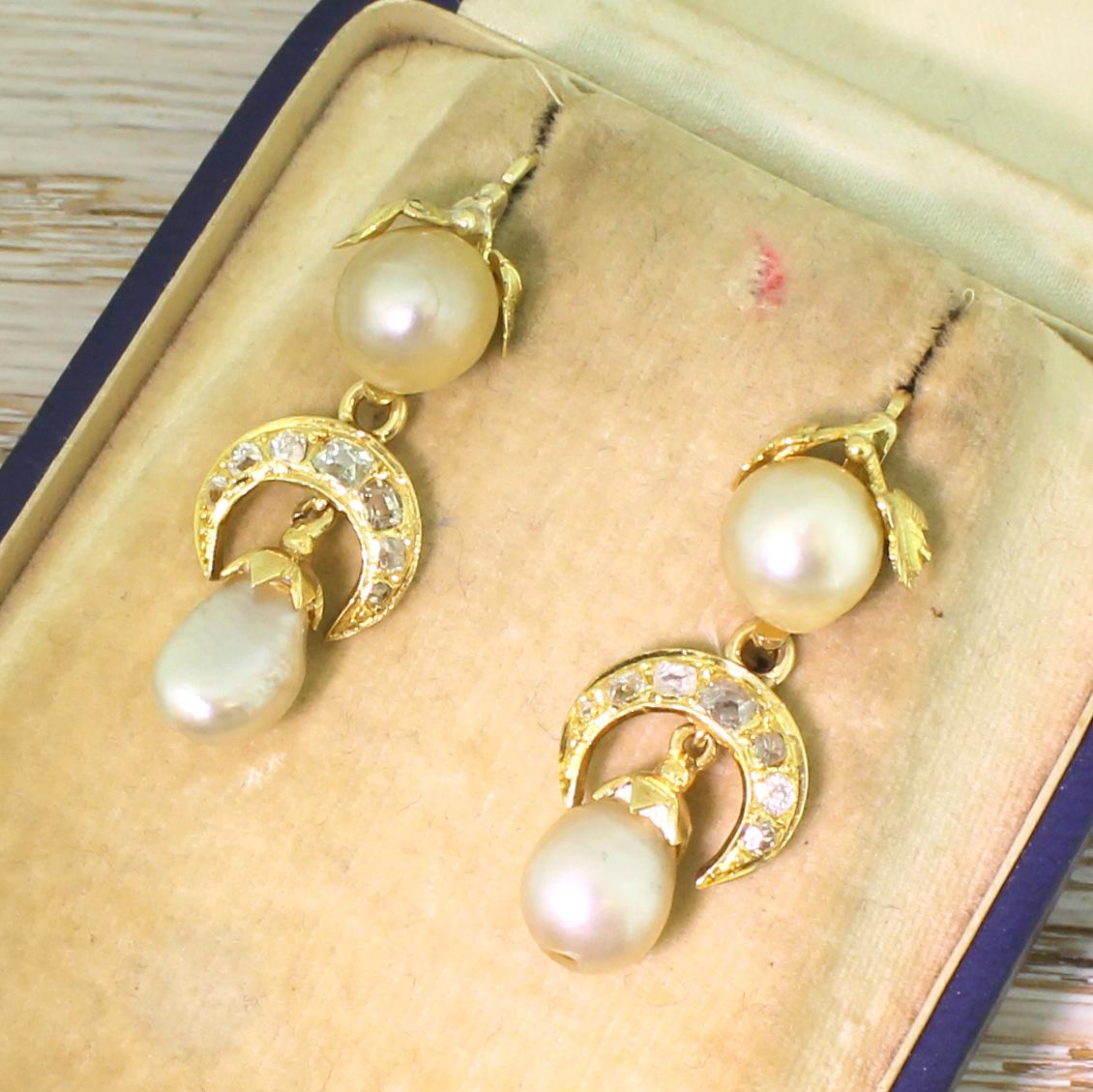 Victorian Natural Pearl and Old Cut Diamond Gold Drop Earrings 4