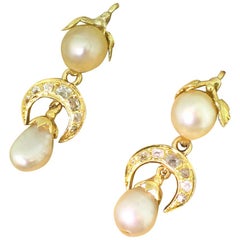 Victorian Natural Pearl and Old Cut Diamond Gold Drop Earrings