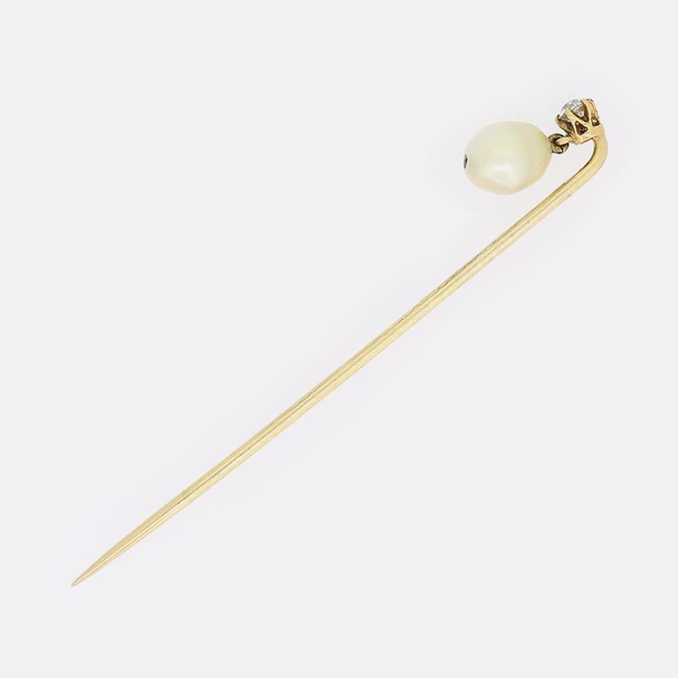 Uncut Victorian Natural Pearl and Old Cut Diamond Stick Pin For Sale