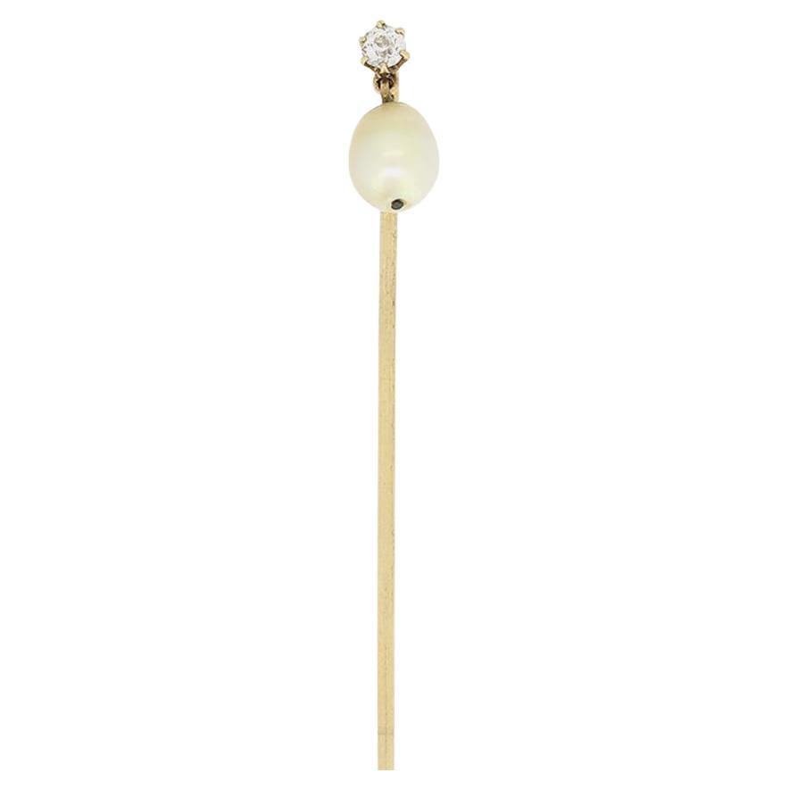 Victorian Natural Pearl and Old Cut Diamond Stick Pin