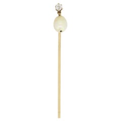 Victorian Natural Pearl and Old Cut Diamond Stick Pin