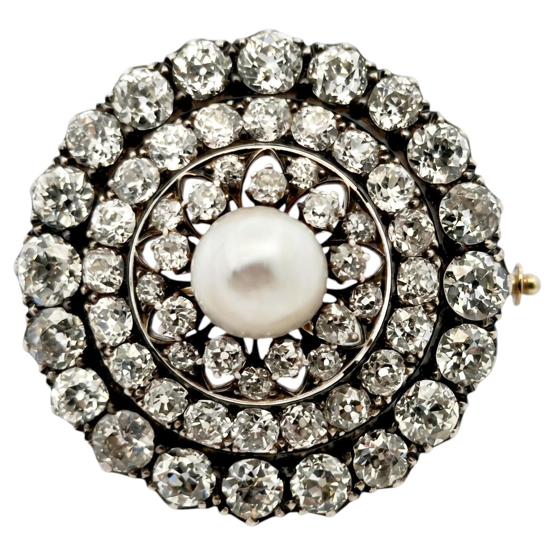 Victorian Natural Pearl and Old Mine Cut Diamond Brooch