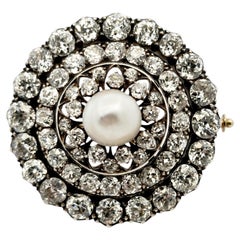 Victorian Natural Pearl and Old Mine Cut Diamond Brooch