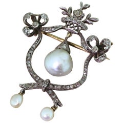 Victorian Natural Pearl and Rose Cut Diamond Brooch