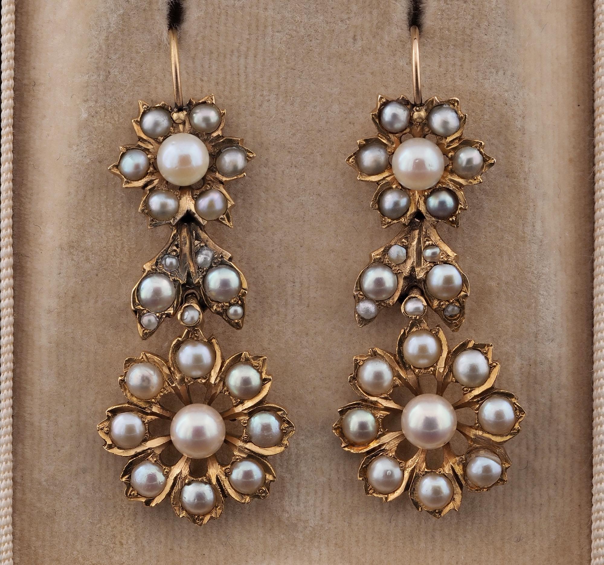 Victorian Classy Statement
These outstanding long drop earrings are in the classy Victorian tradition
Hand crafted of solid 18 KT gold, 1890 ca – gold close back on the reverse
They are made into three sections, flower designed into naturalistic