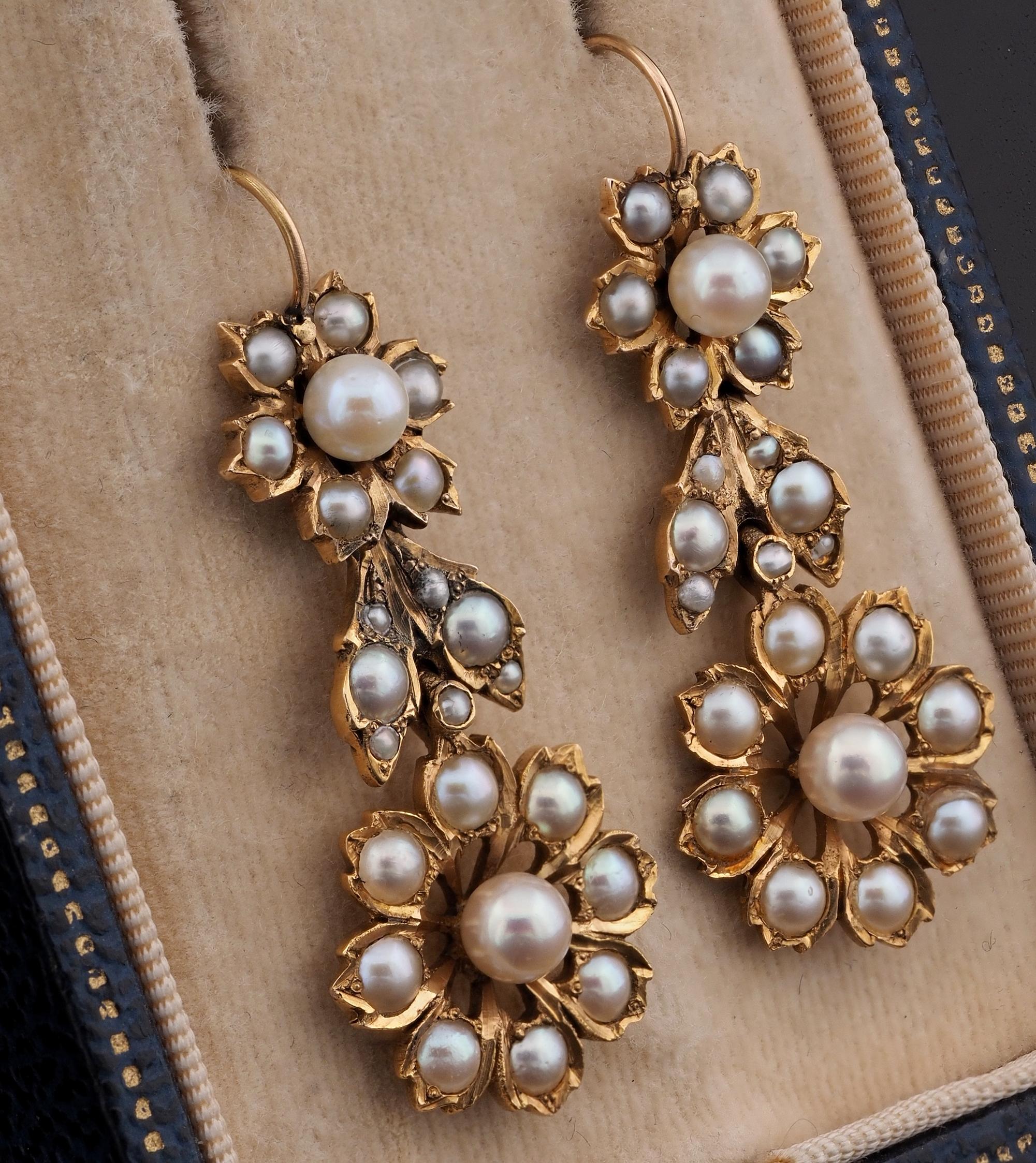Victorian Natural Pearl Daisy & Leaf  Long Drop Earrings In Good Condition In Napoli, IT