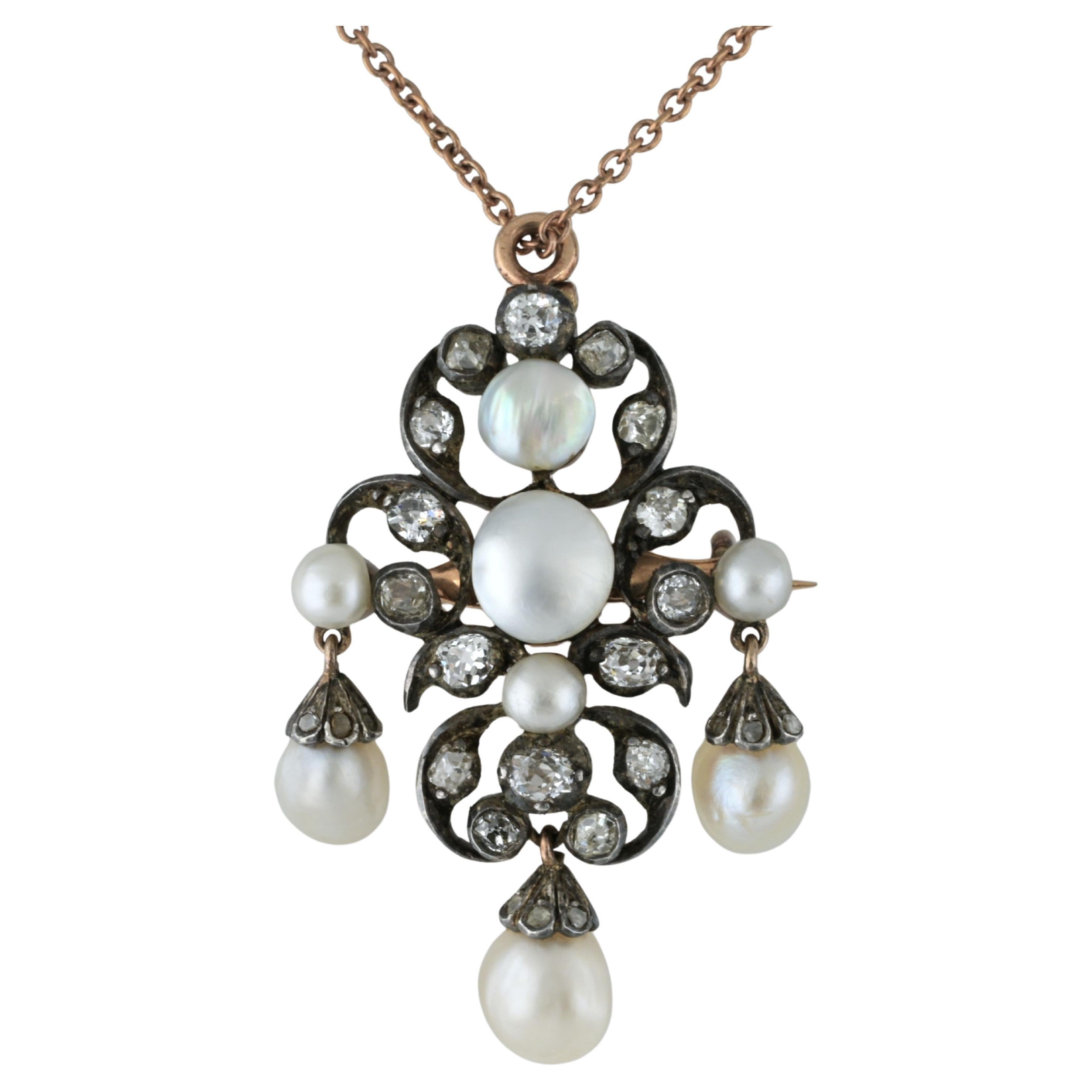 Victorian Natural Pearl Diamond 18 KT Brooch Pendant