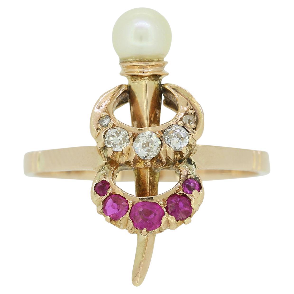 Victorian Natural Pearl Diamond and Ruby Crescent Ring For Sale