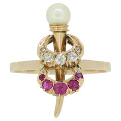 Victorian Natural Pearl Diamond and Ruby Crescent Ring