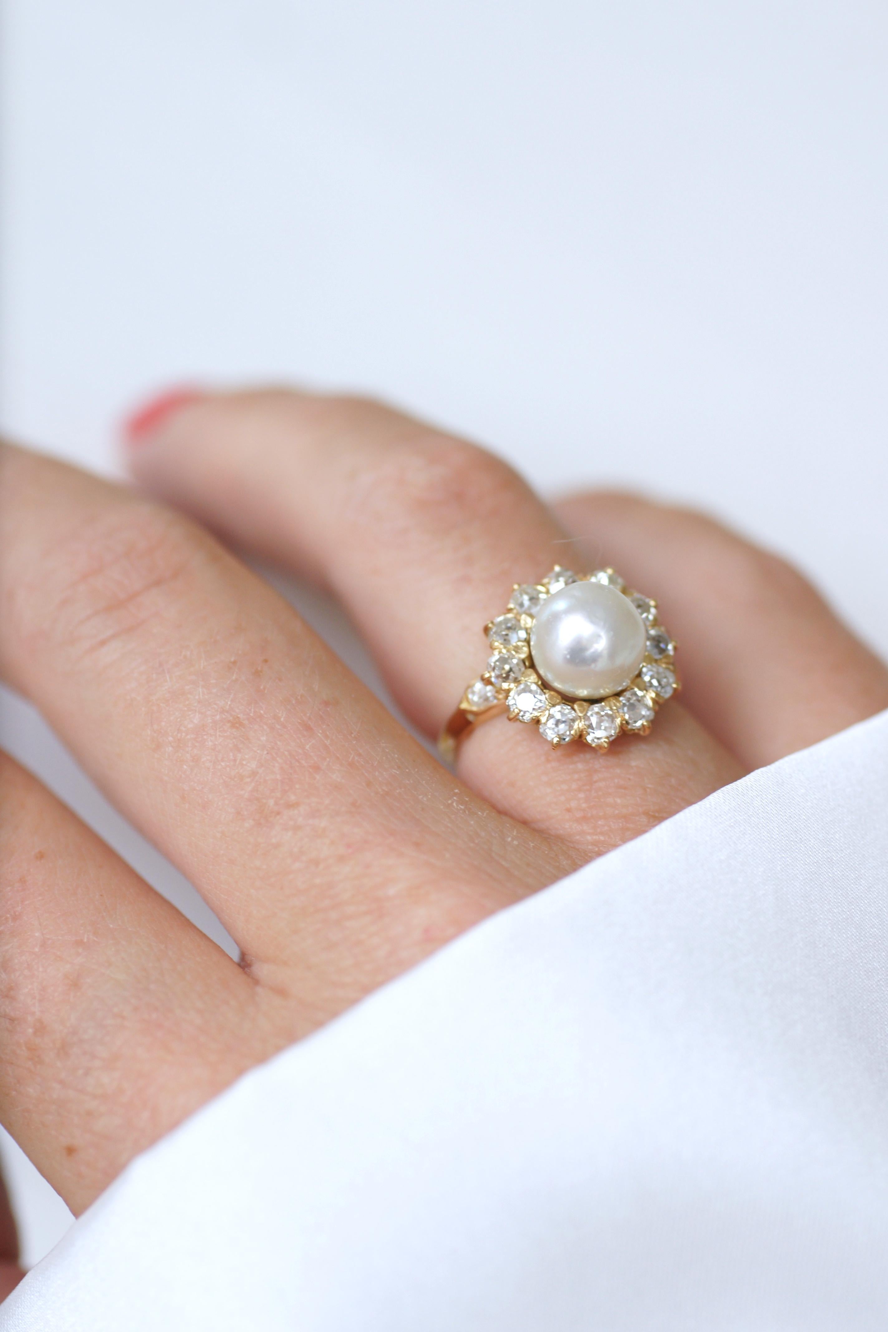 Viktorianischer Naturperlen- & Diamant-Cluster-Ring (Alteuropäischer Schliff) im Angebot
