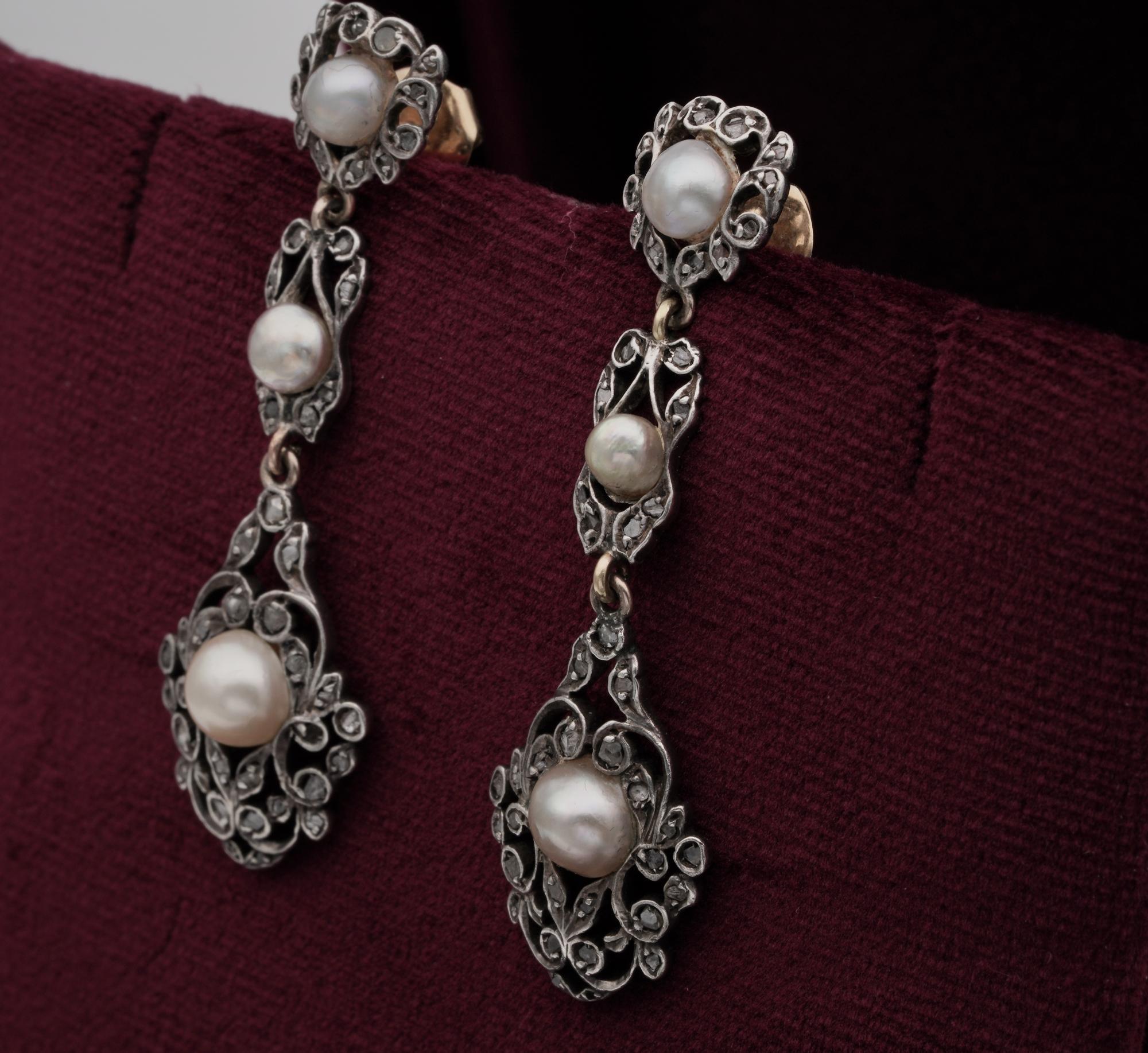 Donna Orecchini vittoriani con diamanti e perle naturali in vendita