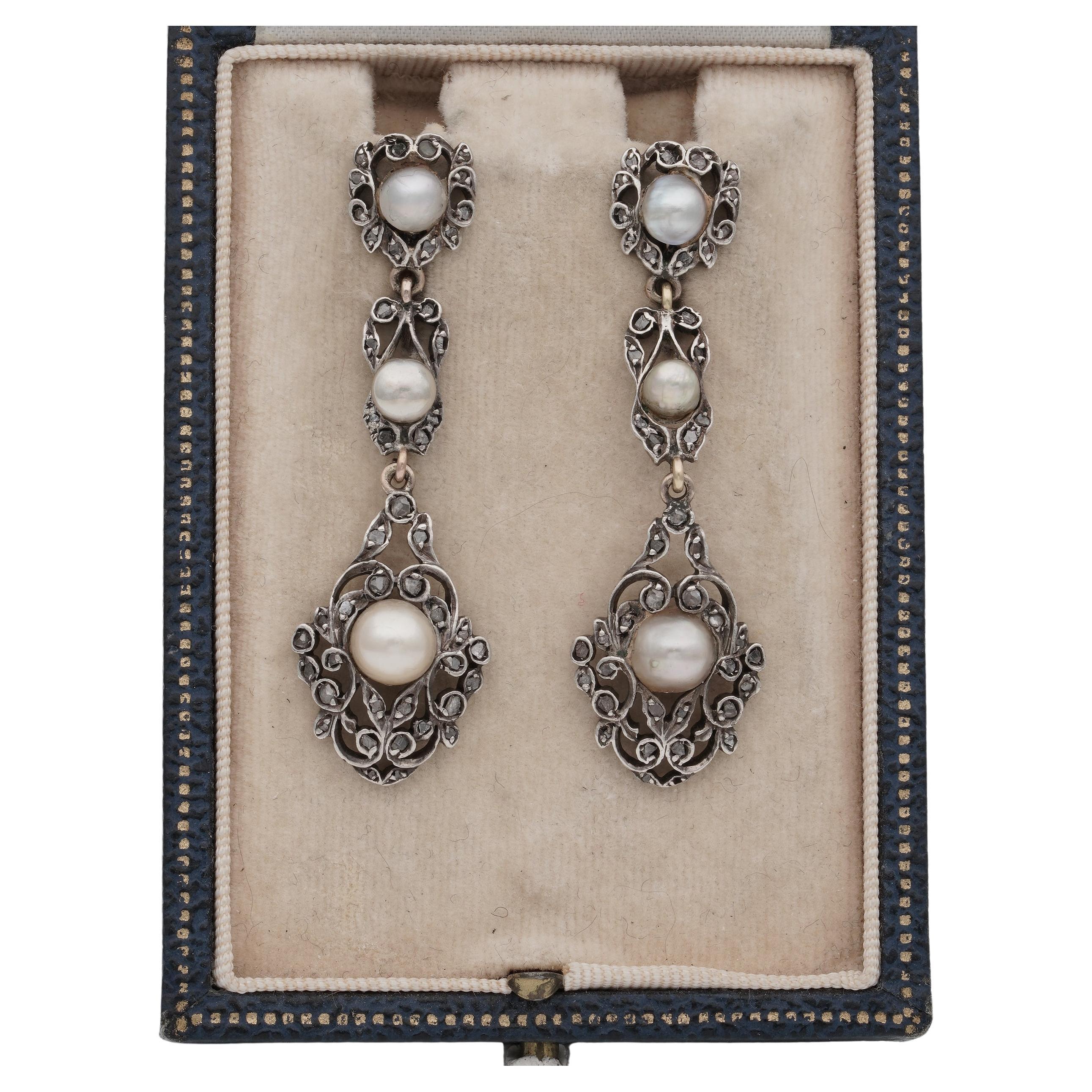 Victorian Natural Pearl Diamond Drop Earrings