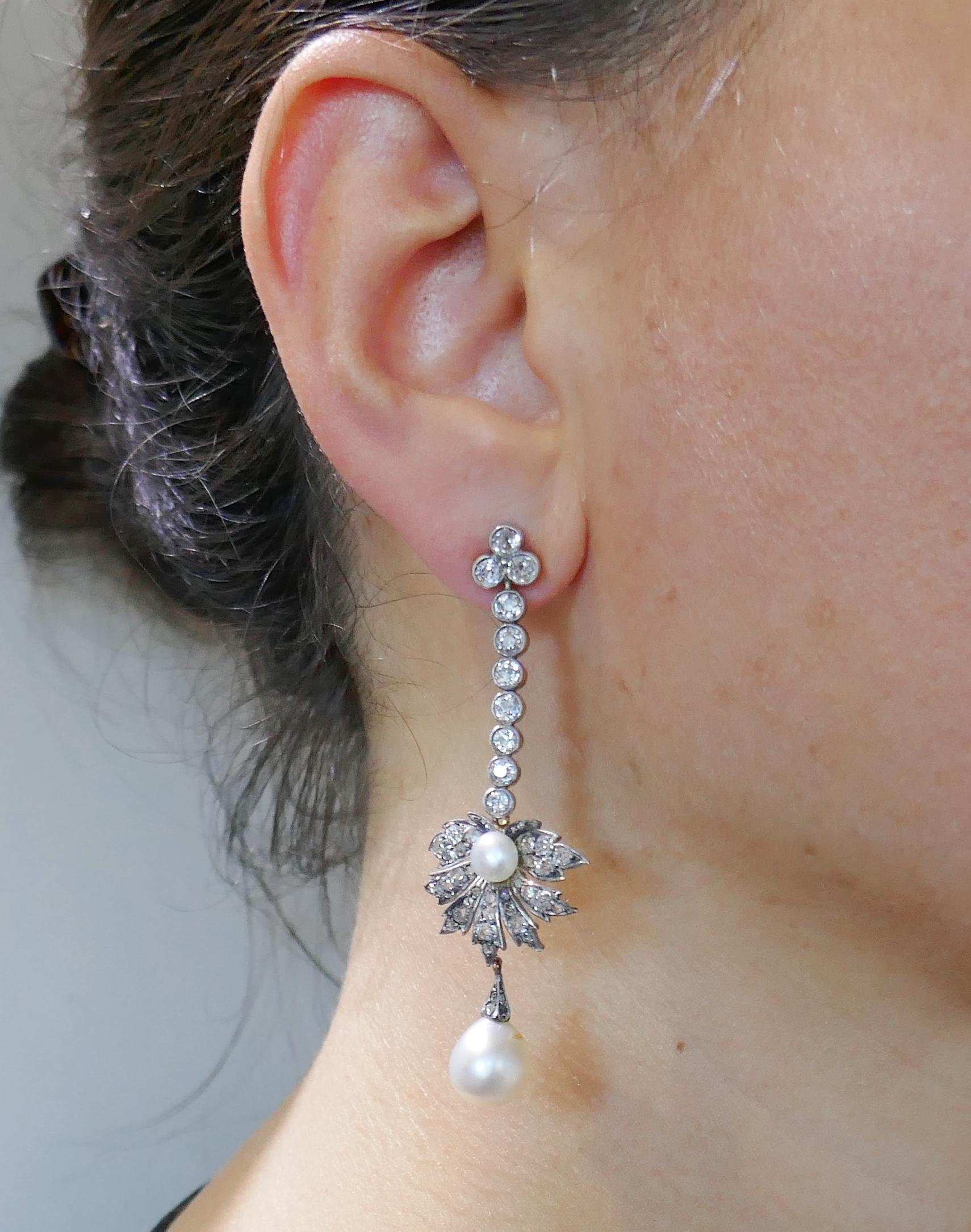 Victorian Natural Pearl Diamond Earrings in Gold and Silver, Cisgem Report Italy In Good Condition In Beverly Hills, CA