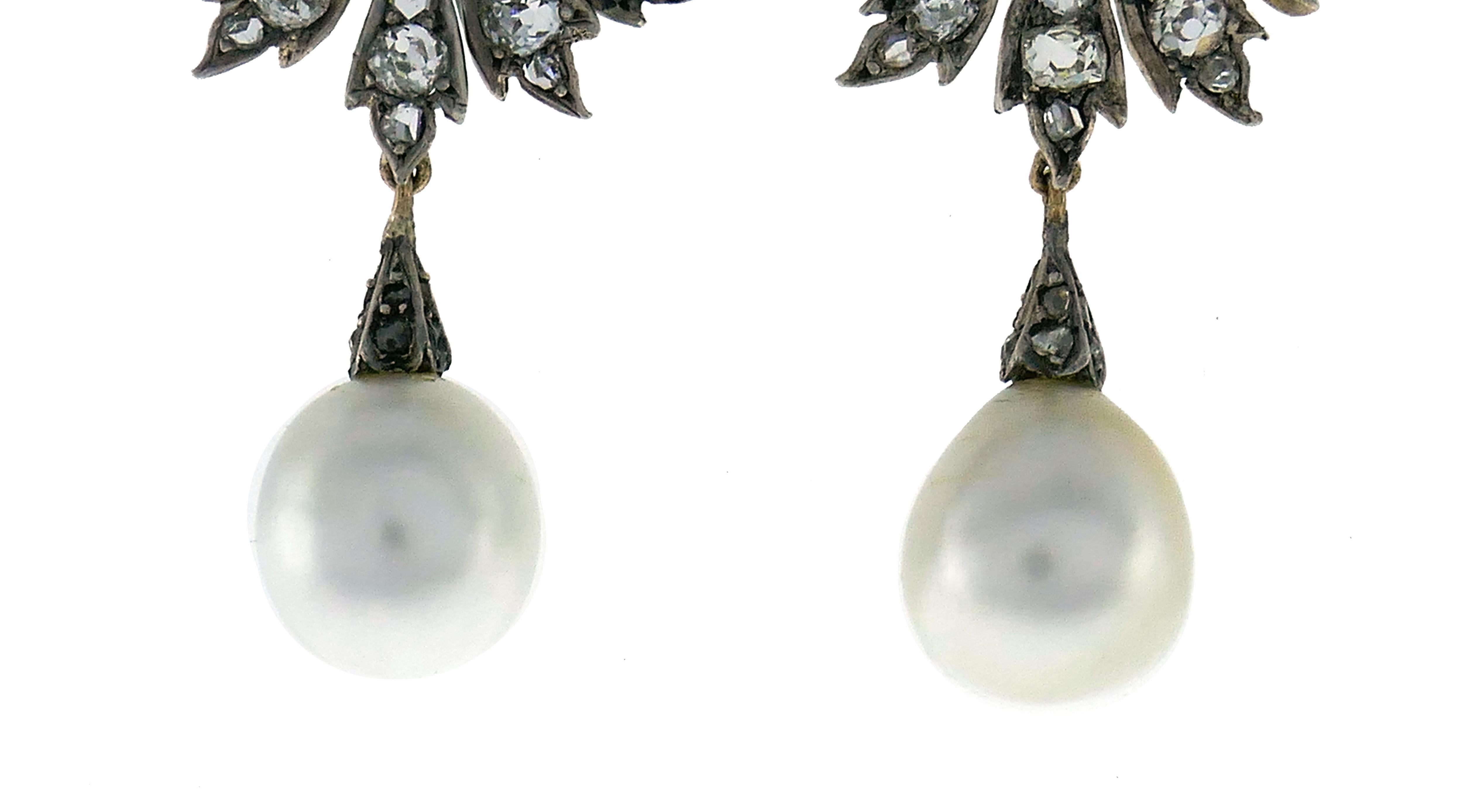 Victorian Natural Pearl Diamond Earrings in Gold and Silver, Cisgem Report Italy 1