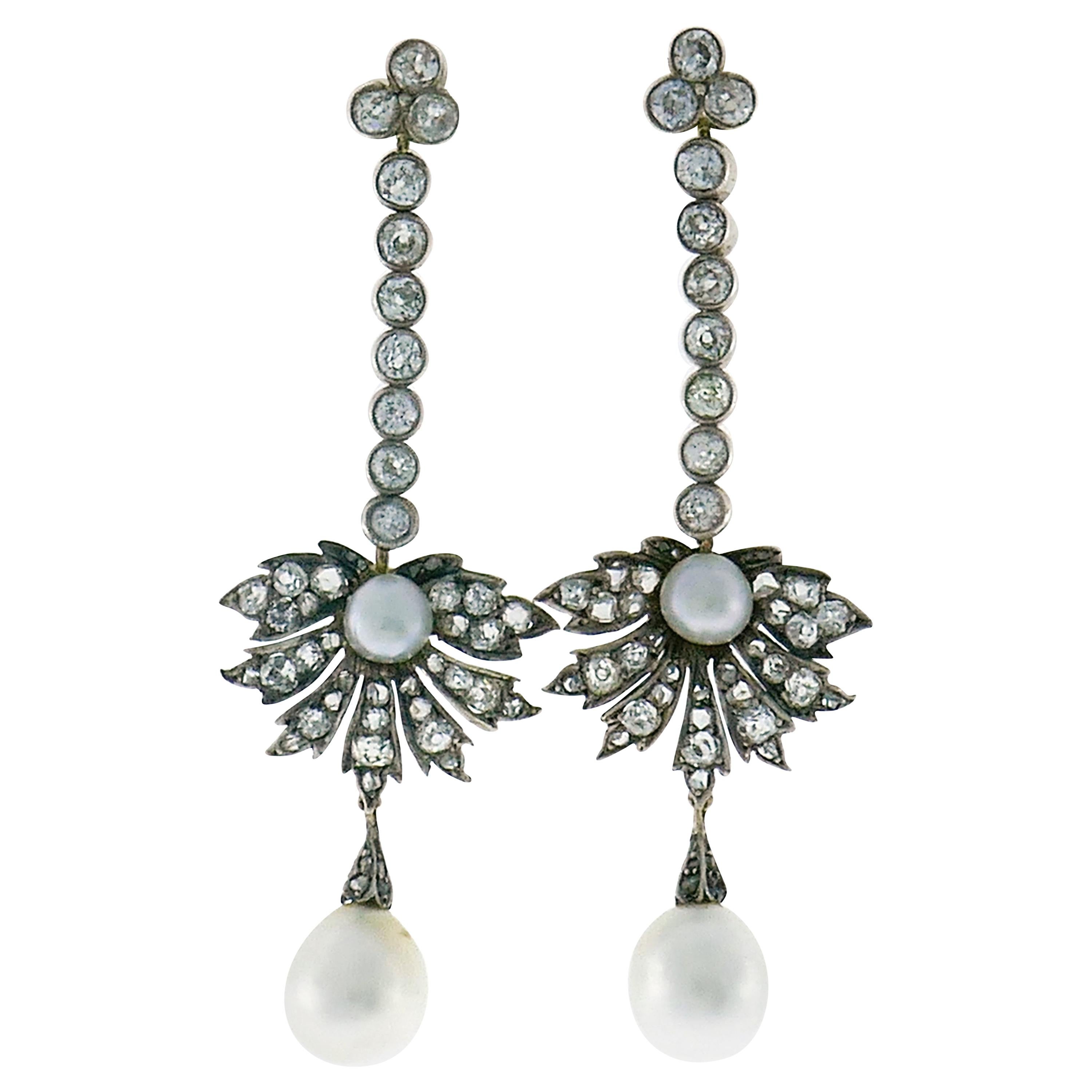 Victorian Natural Pearl Diamond Earrings in Gold and Silver, Cisgem Report Italy