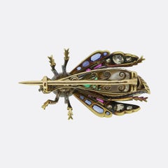 Victorian Natural Pearl Diamond Emerald Sapphire and Ruby Bug Brooch