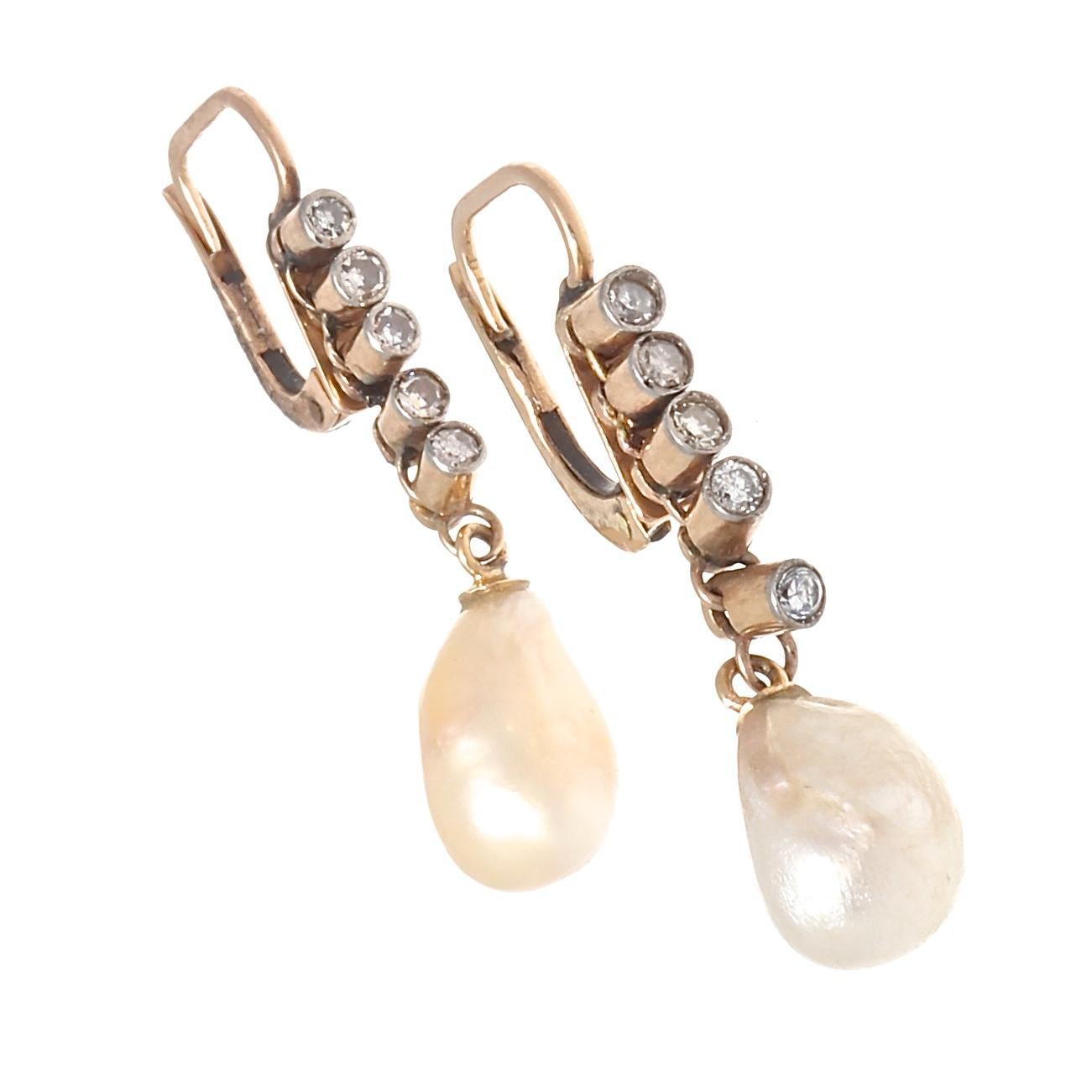 Round Cut Victorian Natural Pearl Diamond Gold Earrings