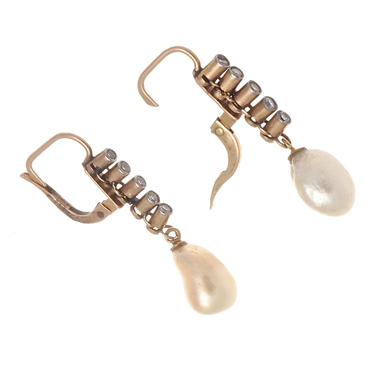 Victorian Natural Pearl Diamond Gold Earrings In Excellent Condition In Beverly Hills, CA