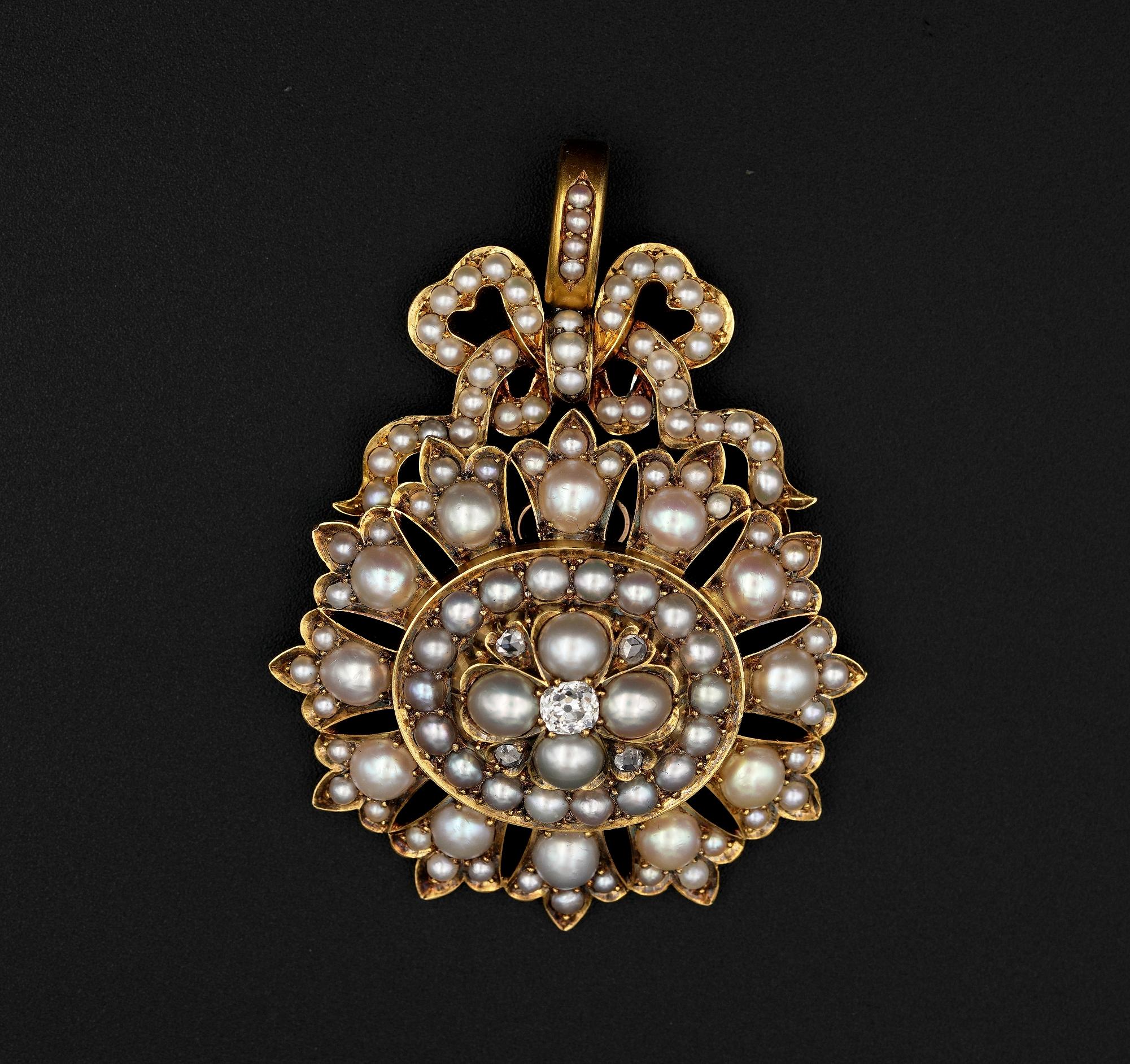 Victorian Romanticism
Exquisite Victorian period large and outstanding pendant part of the sentimental, romantic period – English origin 1860 ca, crafted of solid 18 KT gold
Large oval pierced work main body, topped by a charming bow, completely