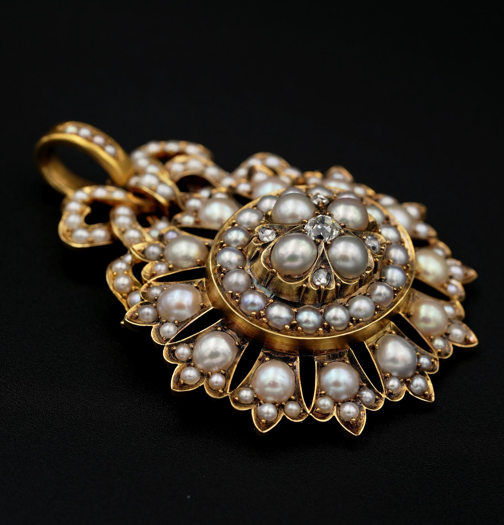 Taille vieille mine Grand pendentif victorien rare en perles naturelles et diamants en vente