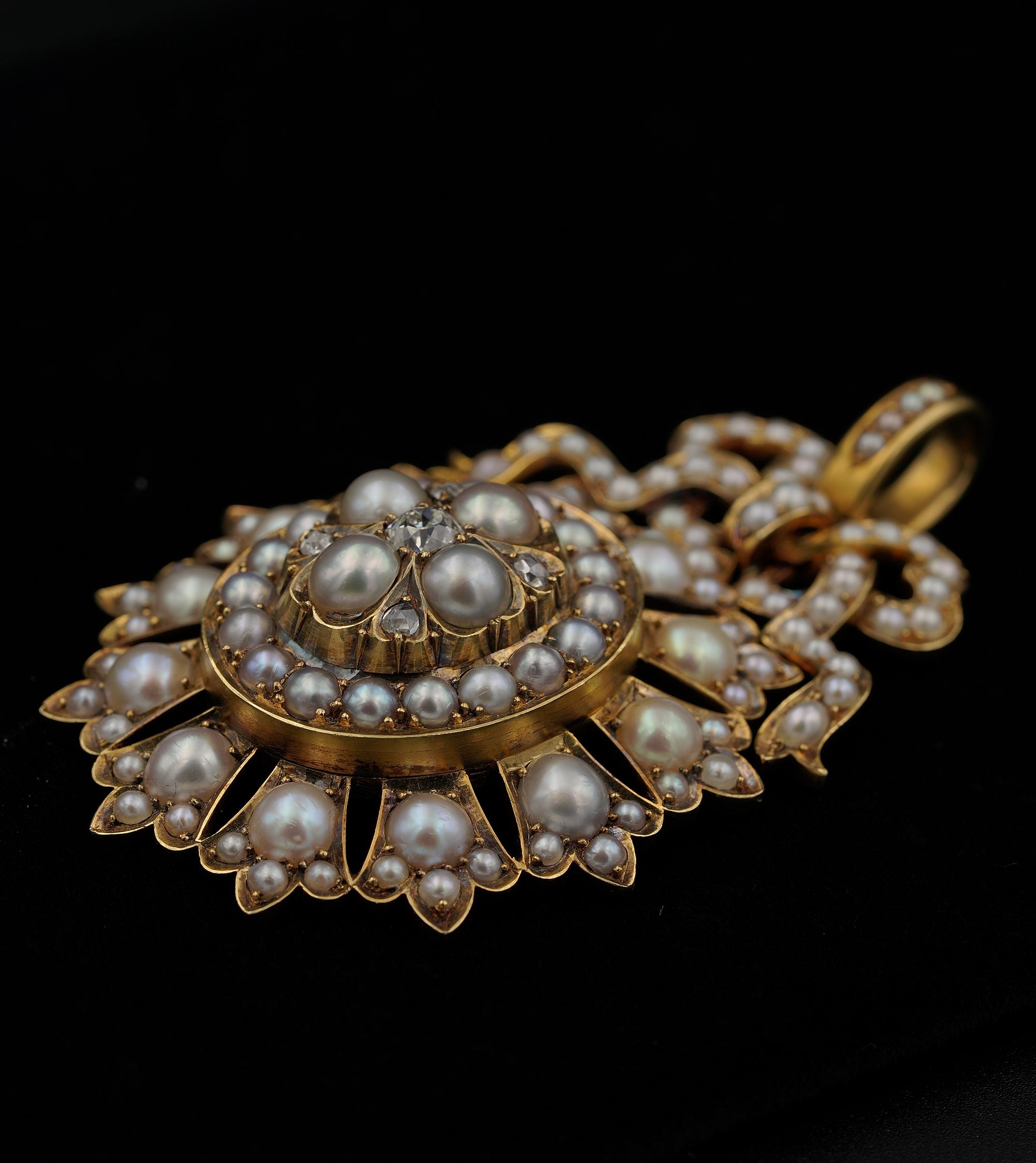Women's or Men's Victorian Natural Pearl Diamond Rare Large Pendant For Sale