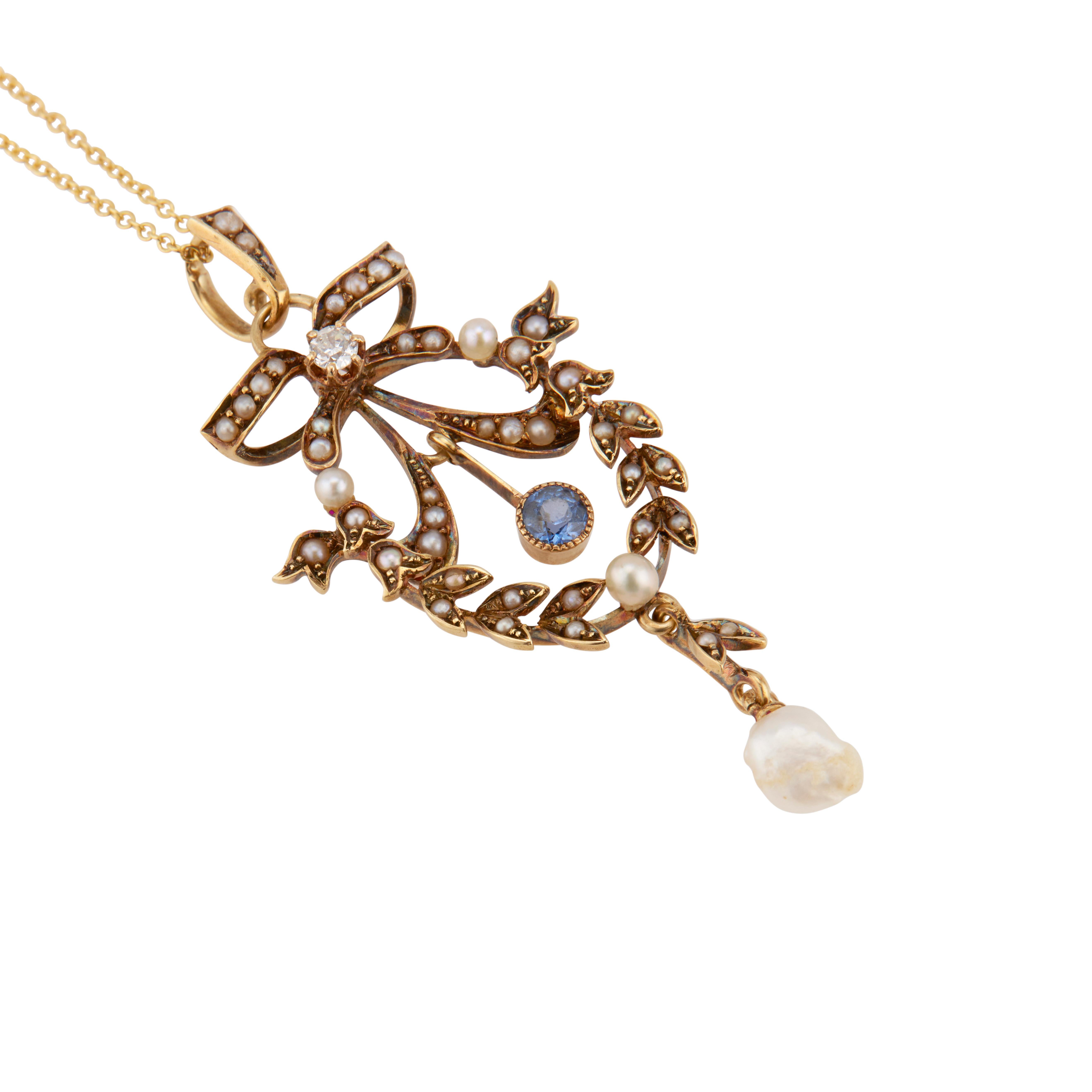 Round Cut Victorian Natural Pearl Diamond Sapphire Yellow Gold Pendant Necklace For Sale