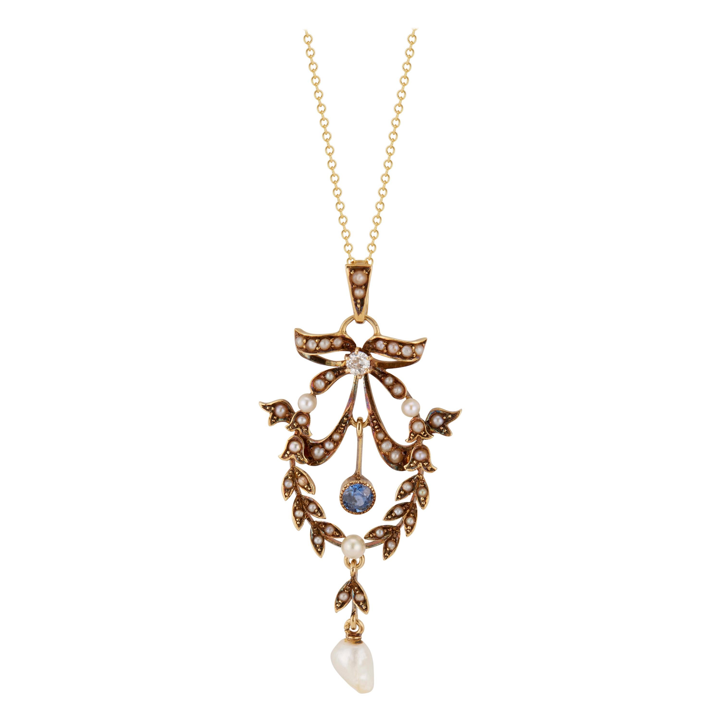 Victorian Natural Pearl Diamond Sapphire Yellow Gold Pendant Necklace For Sale