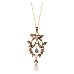 Victorian Natural Pearl Diamond Sapphire Yellow Gold Pendant Necklace