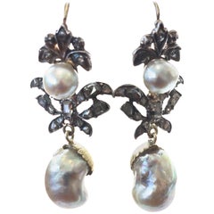 Victorian Natural Pearl Diamond Silver and Gold Earrings