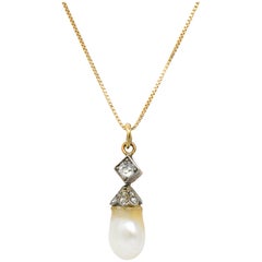 Victorian Natural Pearl Diamond Silver-Topped 14 Karat Gold Pendant Necklace