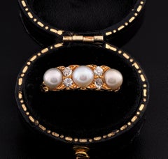 Victorian Natural Pearl Diamond Three Stone 18 KT Ring