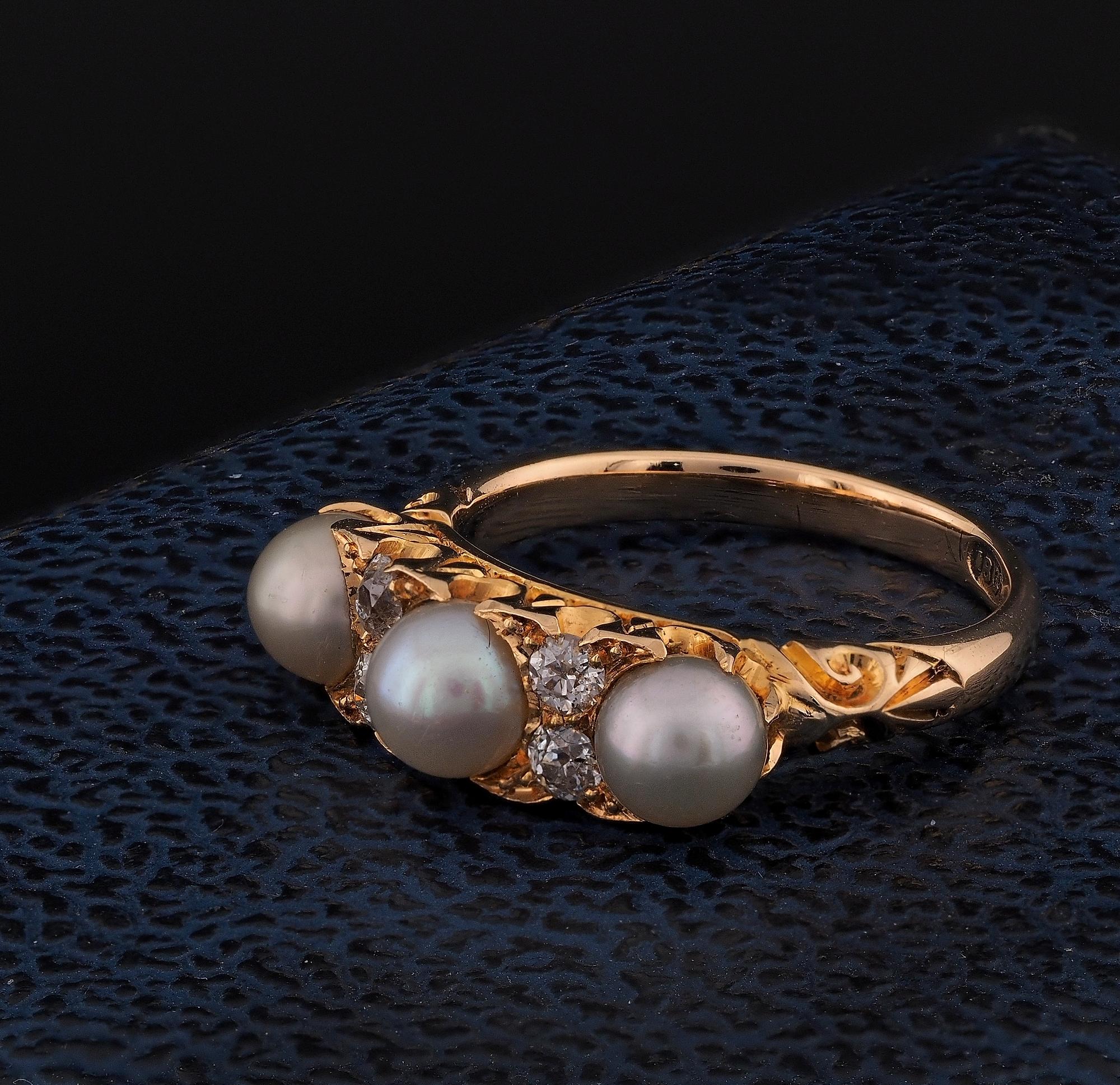 Women's Victorian Natural Pearl Diamond Three Stone 18 KT Ring For Sale