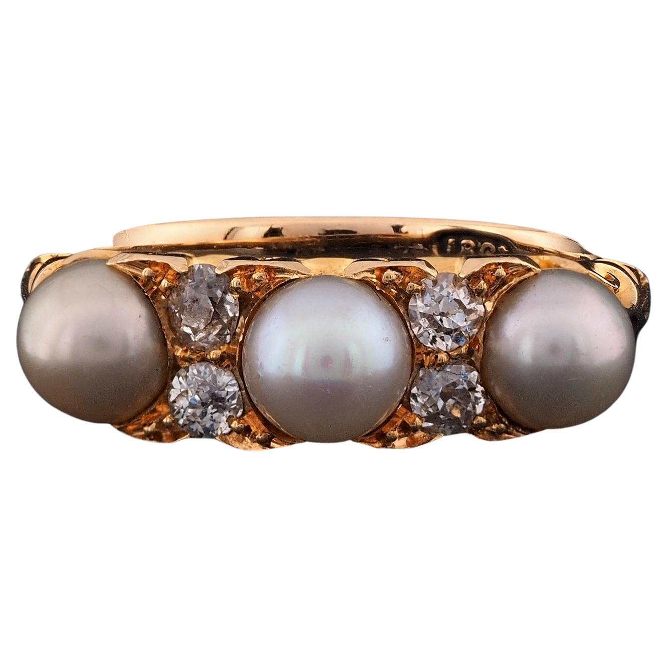 Victorian Natural Pearl Diamond Three Stone 18 KT Ring For Sale