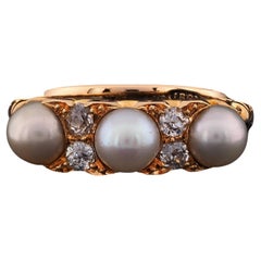 Antique Victorian Natural Pearl Diamond Three Stone 18 KT Ring