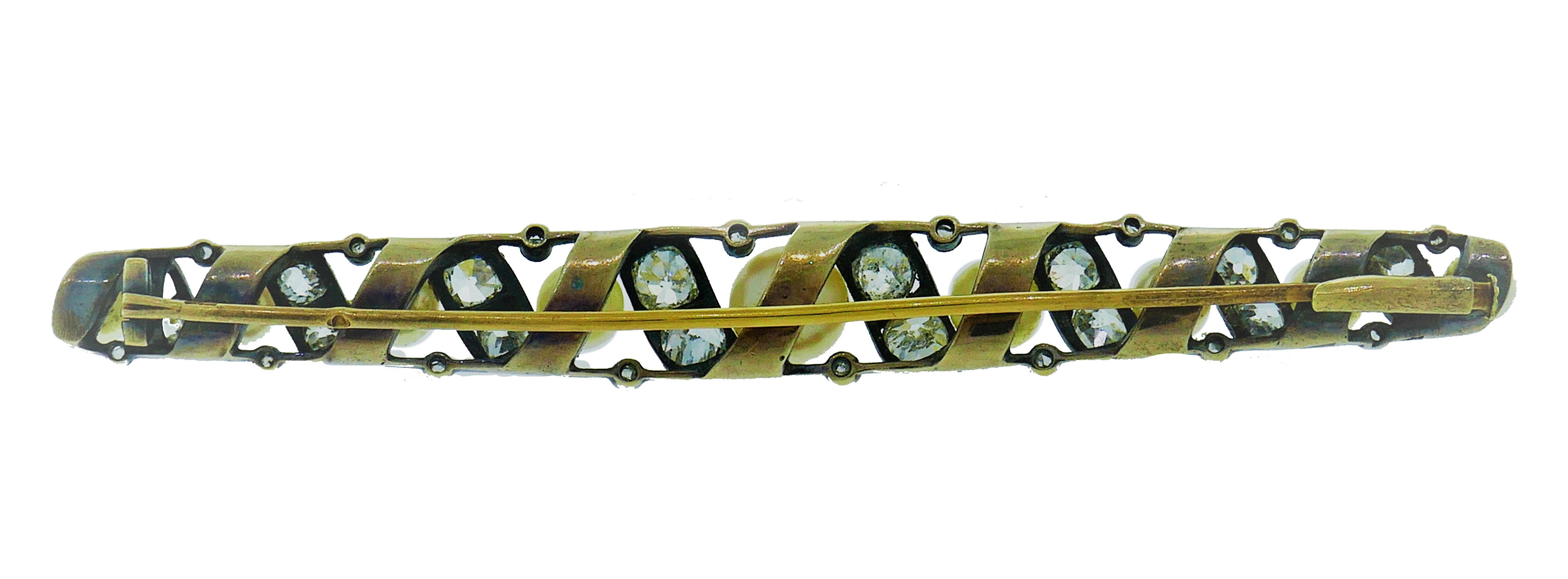 Mixed Cut Victorian Natural Pearl Diamond Tie Pin in Silver and 14k Yellow Gold GIA Report For Sale