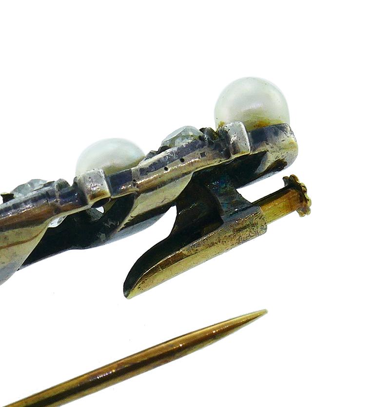 Victorian Natural Pearl Diamond Tie Pin in Silver and 14k Yellow Gold GIA Report For Sale 1