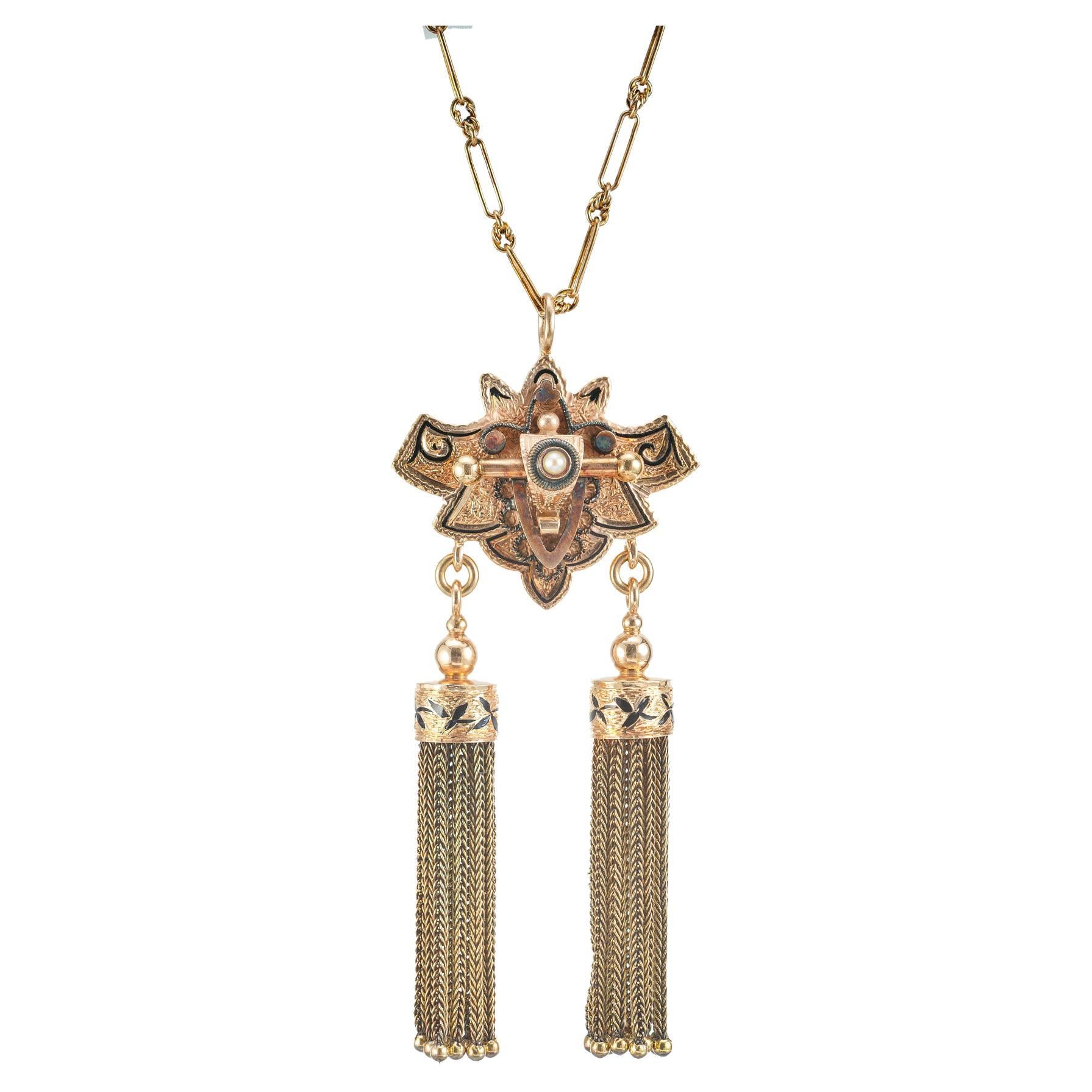 Victorian Natural Pearl Enamel Rose Gold Tassel Pendant Necklace