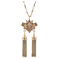 Antique Victorian Natural Pearl Enamel Rose Gold Tassel Pendant Necklace