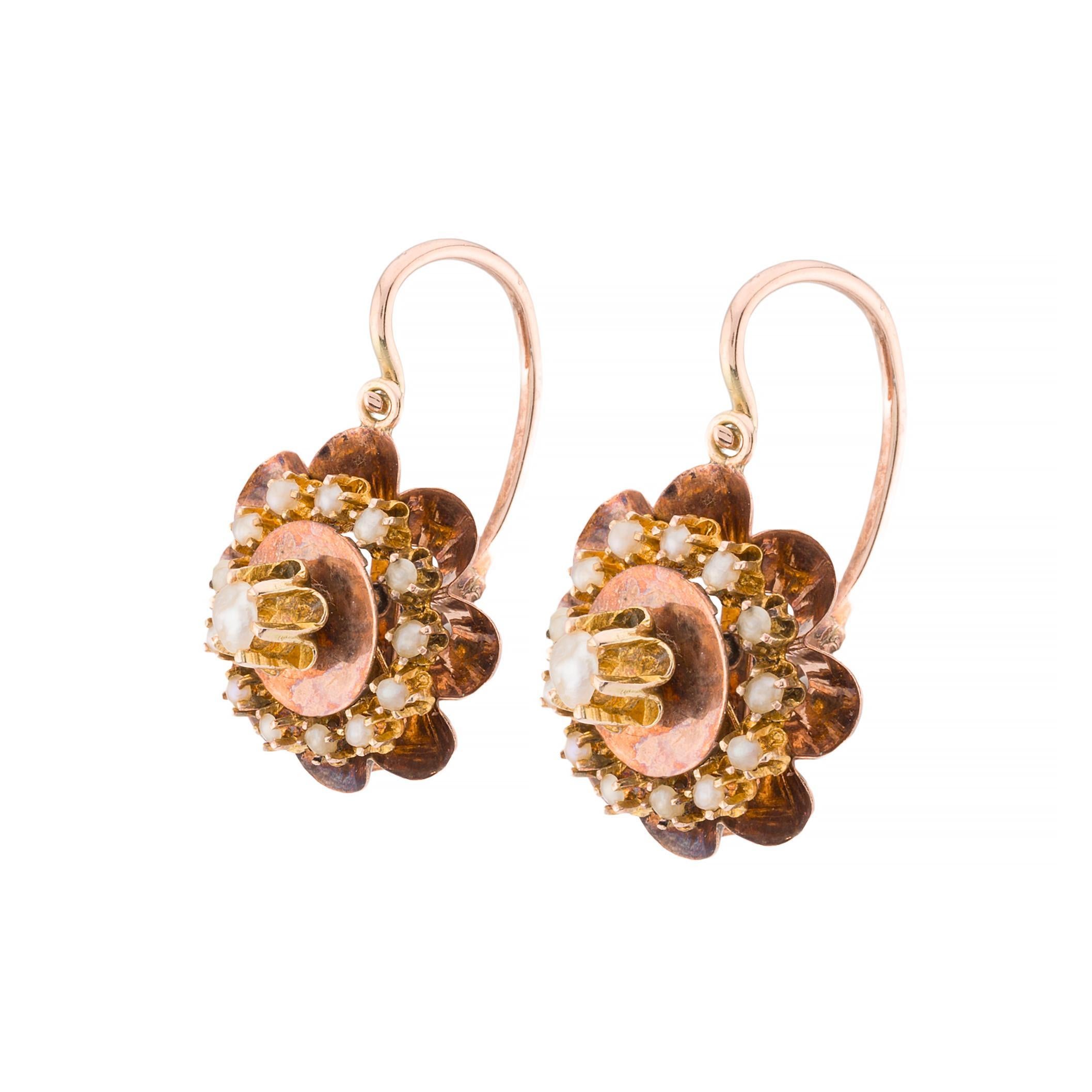 Uncut Victorian Natural Pearl Flower Motif Lever Back Earrings in 14K Yellow Gold
