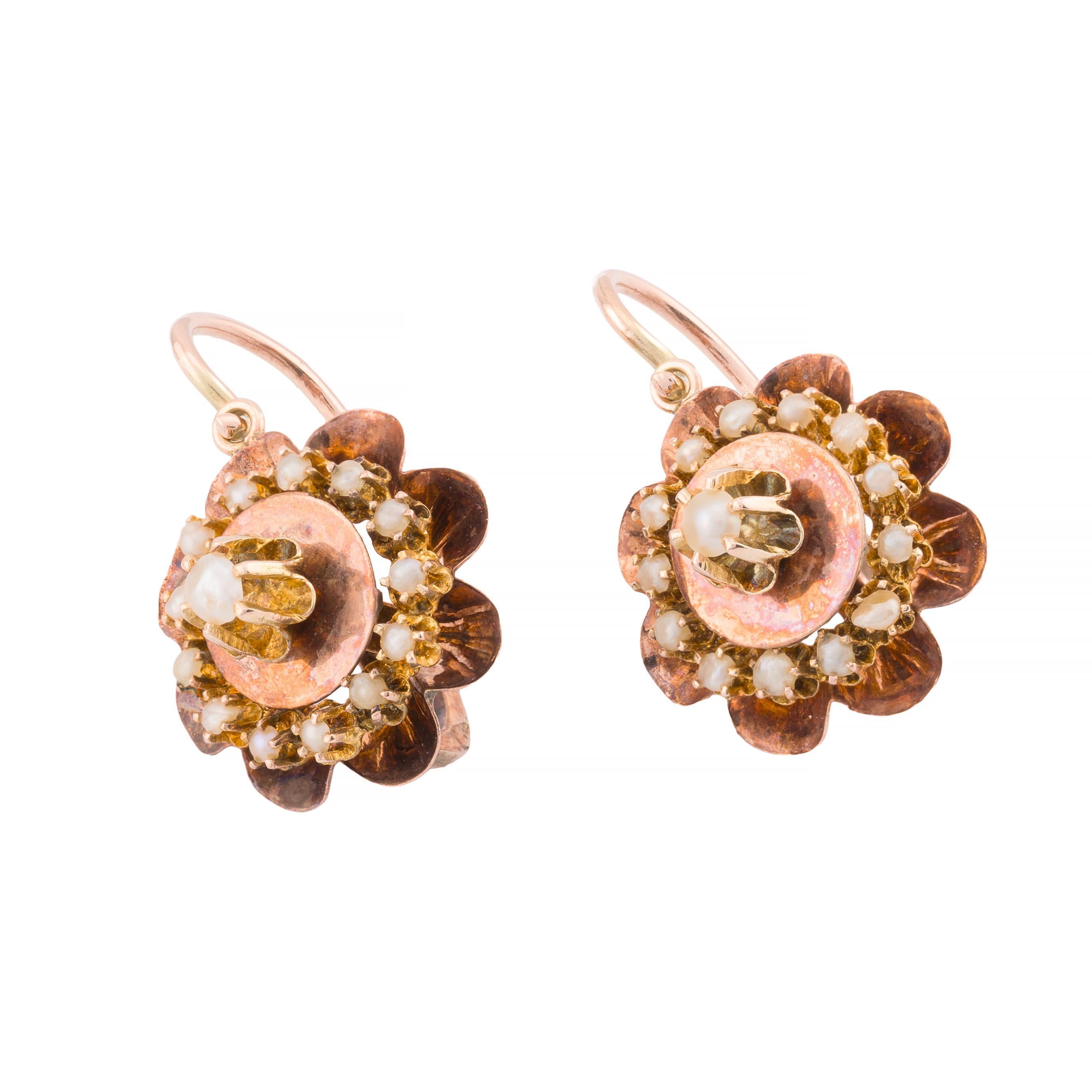 Victorian Natural Pearl Flower Motif Lever Back Earrings in 14K Yellow Gold In Excellent Condition In Boston, MA