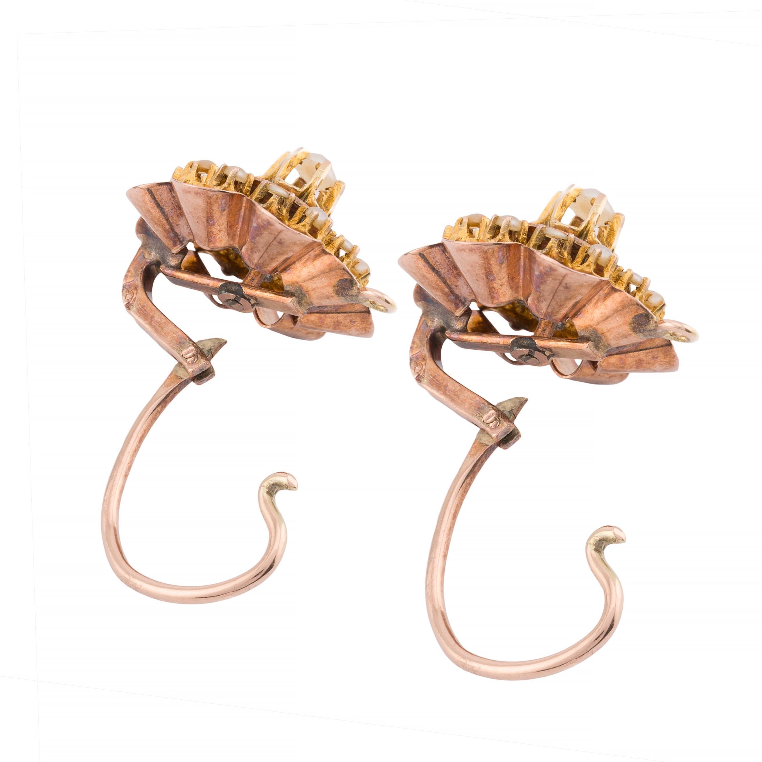 Women's Victorian Natural Pearl Flower Motif Lever Back Earrings in 14K Yellow Gold