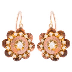 Victorian Natural Pearl Flower Motif Lever Back Earrings in 14K Yellow Gold