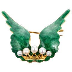 Vintage Victorian Natural Pearl Green Enamel Yellow Gold Brooch