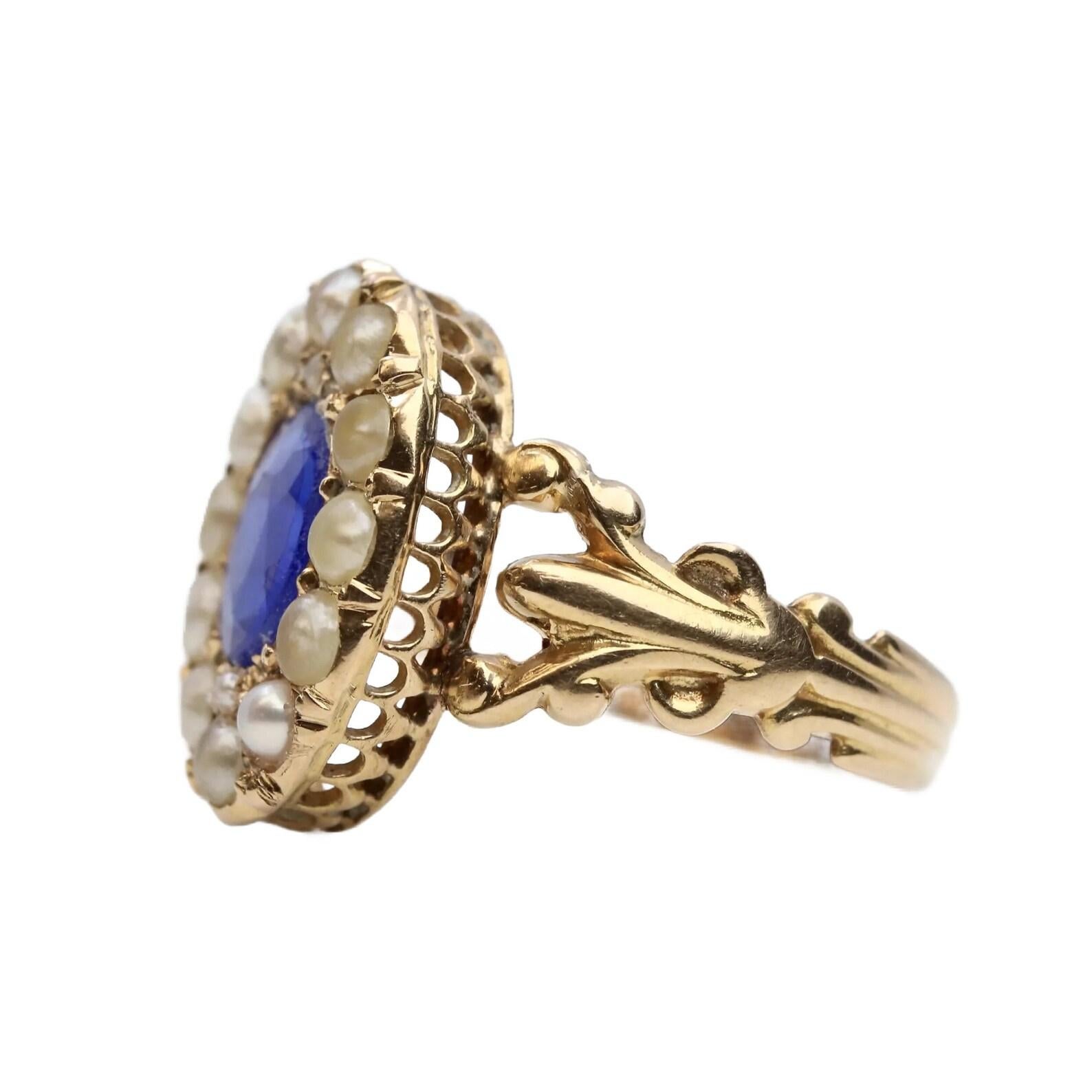 Oval Cut Victorian Natural Pearl & Kyanite Ring in 14K Yellow Gold For Sale
