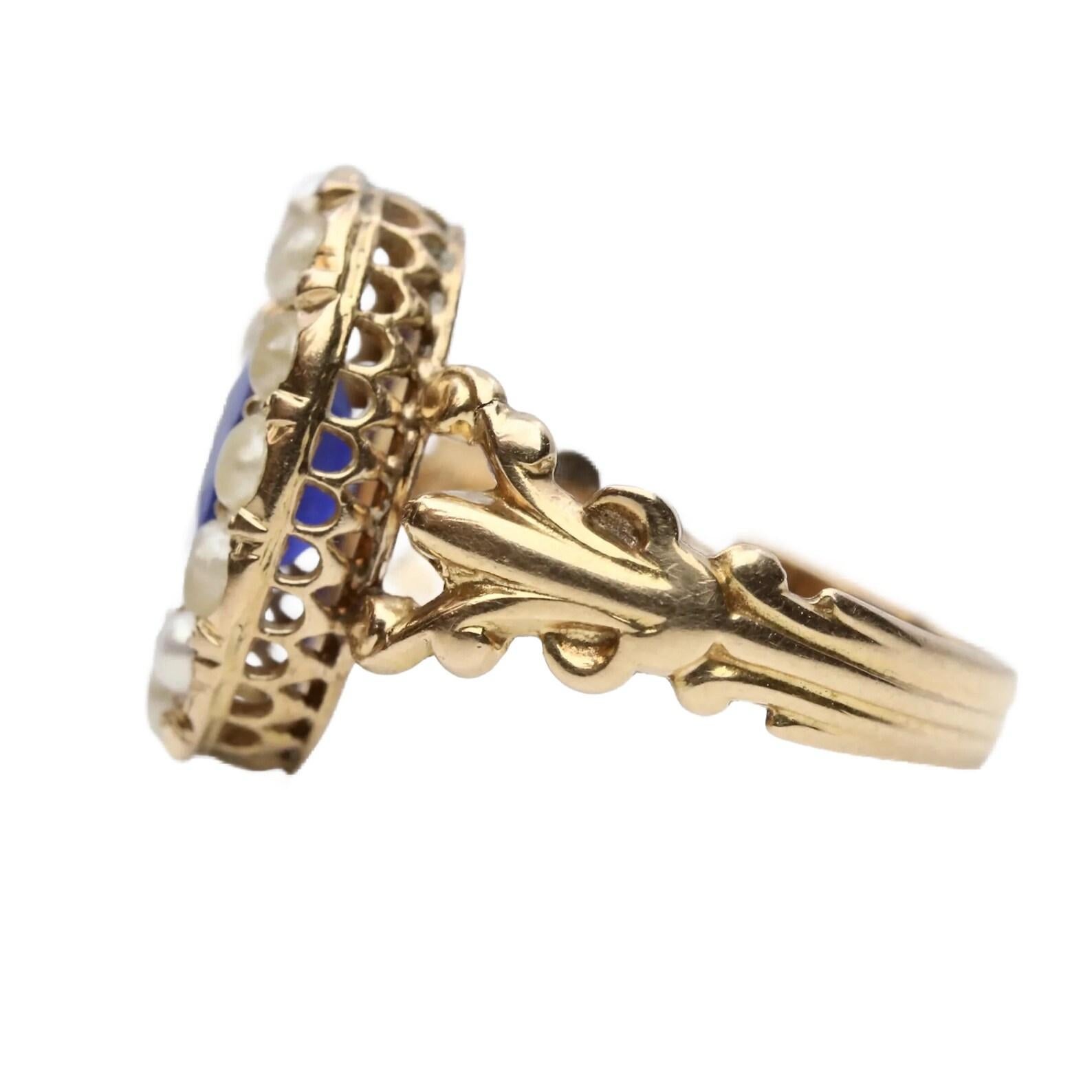 Victorian Natural Pearl & Kyanite Ring in 14K Yellow Gold In Good Condition For Sale In Boston, MA