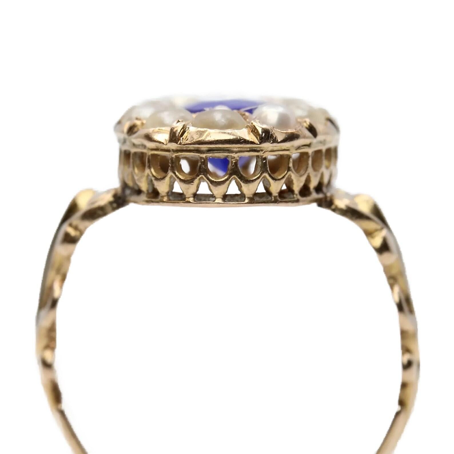 Women's Victorian Natural Pearl & Kyanite Ring in 14K Yellow Gold For Sale